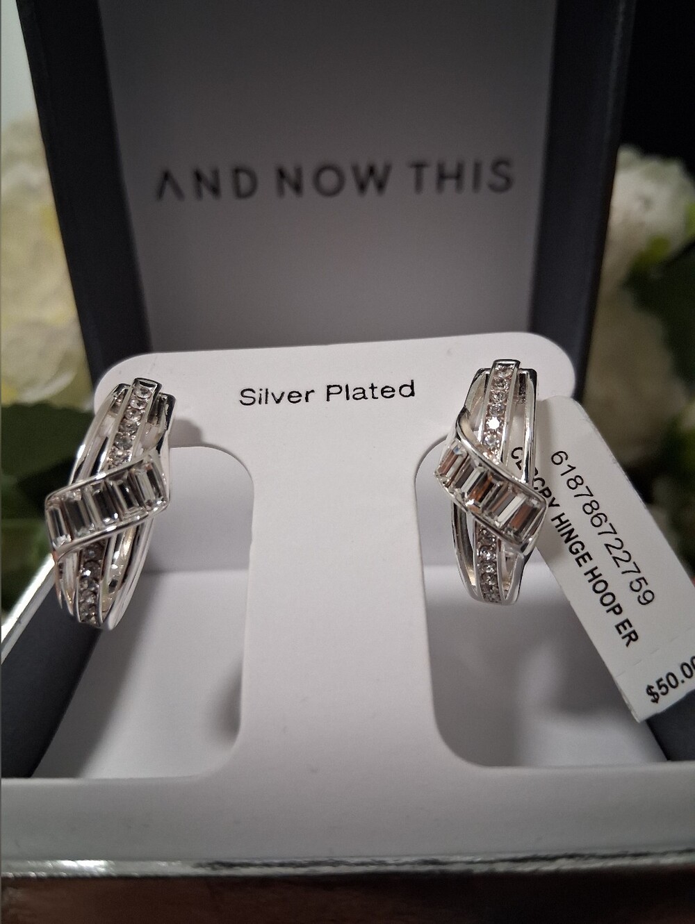 Silver Plated Crystal Crossover Hoop Earrings - Silver